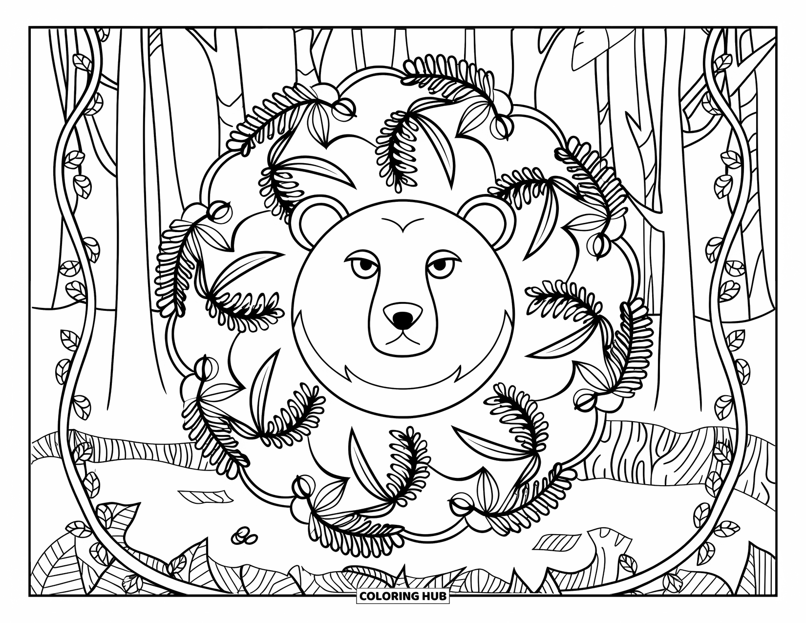 Forest Animals Coloring Page for Adults: Bear face centered in a leafy mandala with vines and tall trees