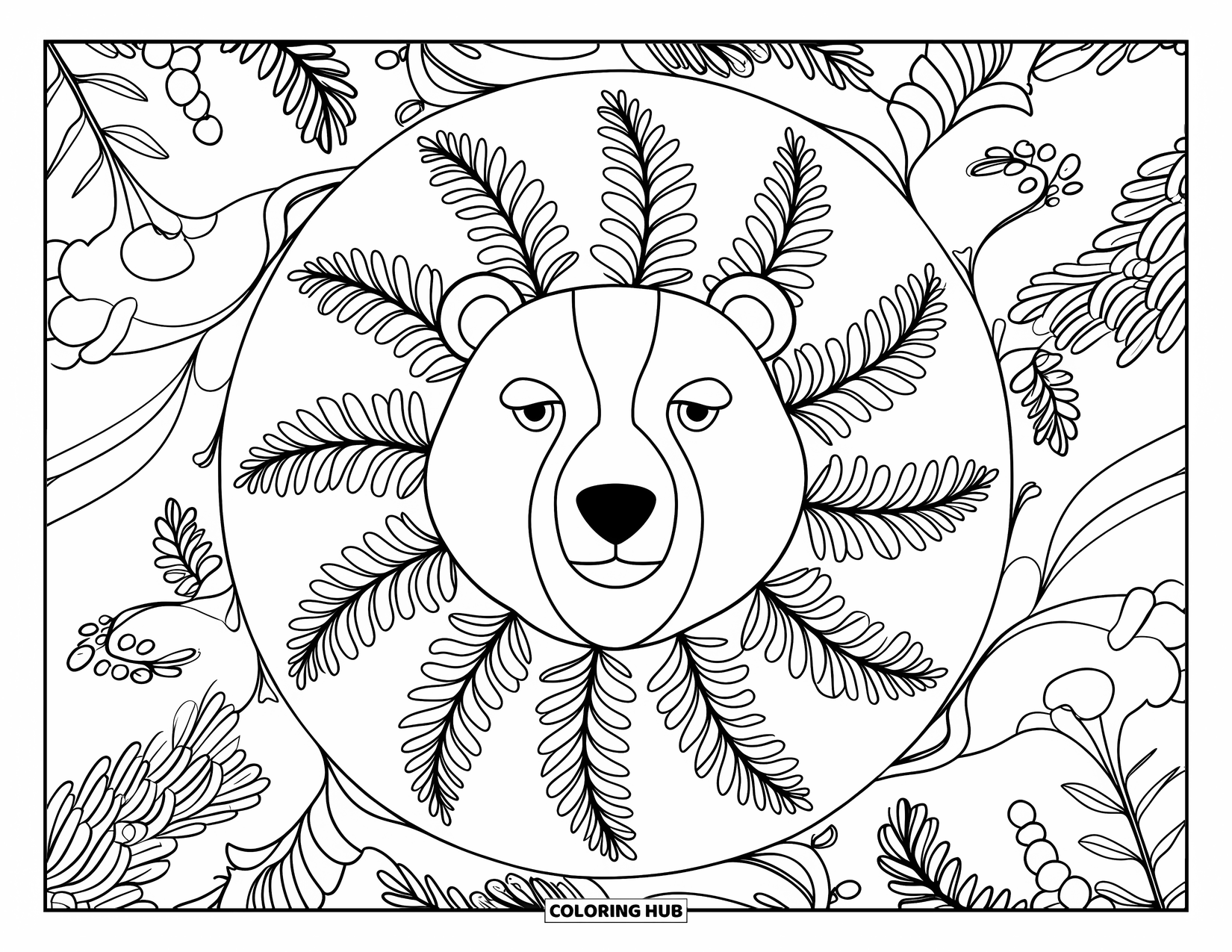 Forest Animals Coloring Page for Adults: Bear face framed by intricate mandala of ferns, berries, and pine