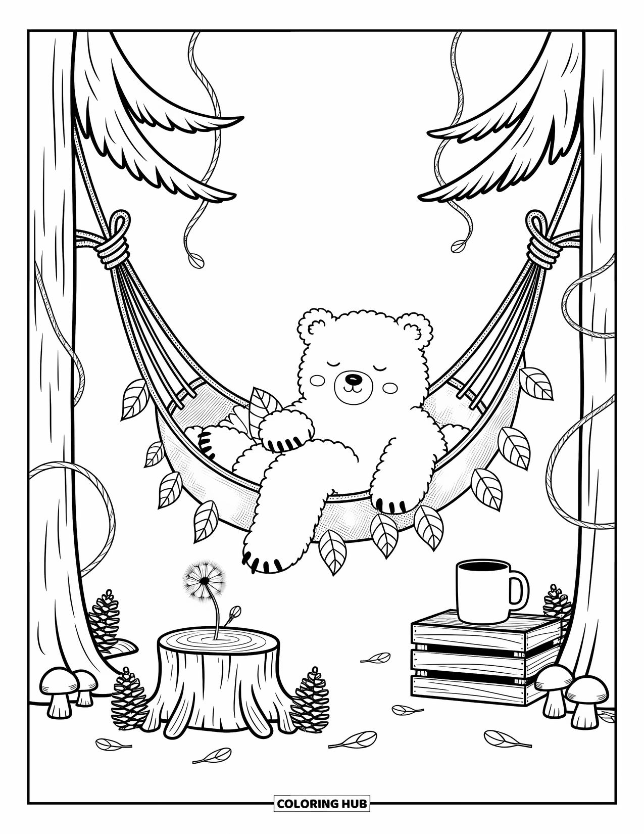 Forest Animals Coloring Page for Adults: Bear lounging in a forest hammock with rustic touches and mushrooms