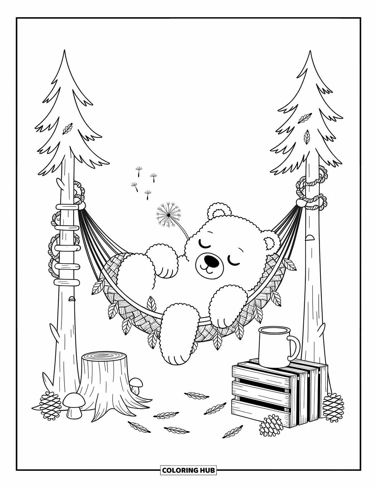 Forest Animals Coloring Page for Adults: Cozy bear napping in a hammock of leaves and vines between trees