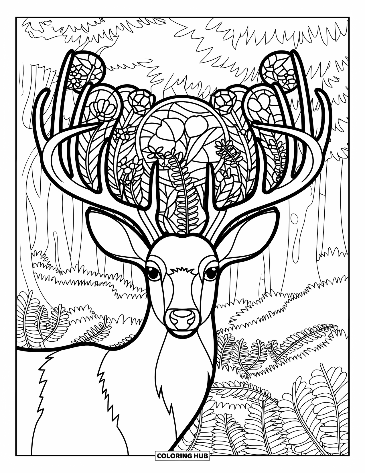 Forest Animals Coloring Page for Adults: Deer face with tall antlers forming a stained glass of ferns and flowers