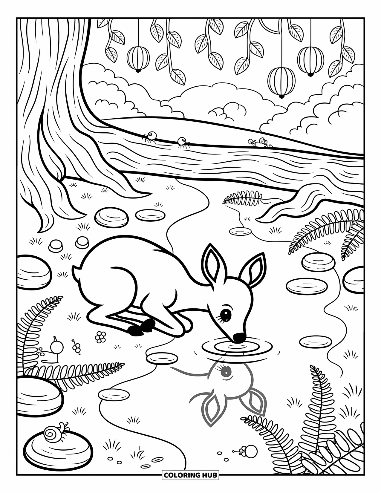 Forest Animals Coloring Page for Adults: Deer quietly drinking at a woodland stream with snails, roots, and logs