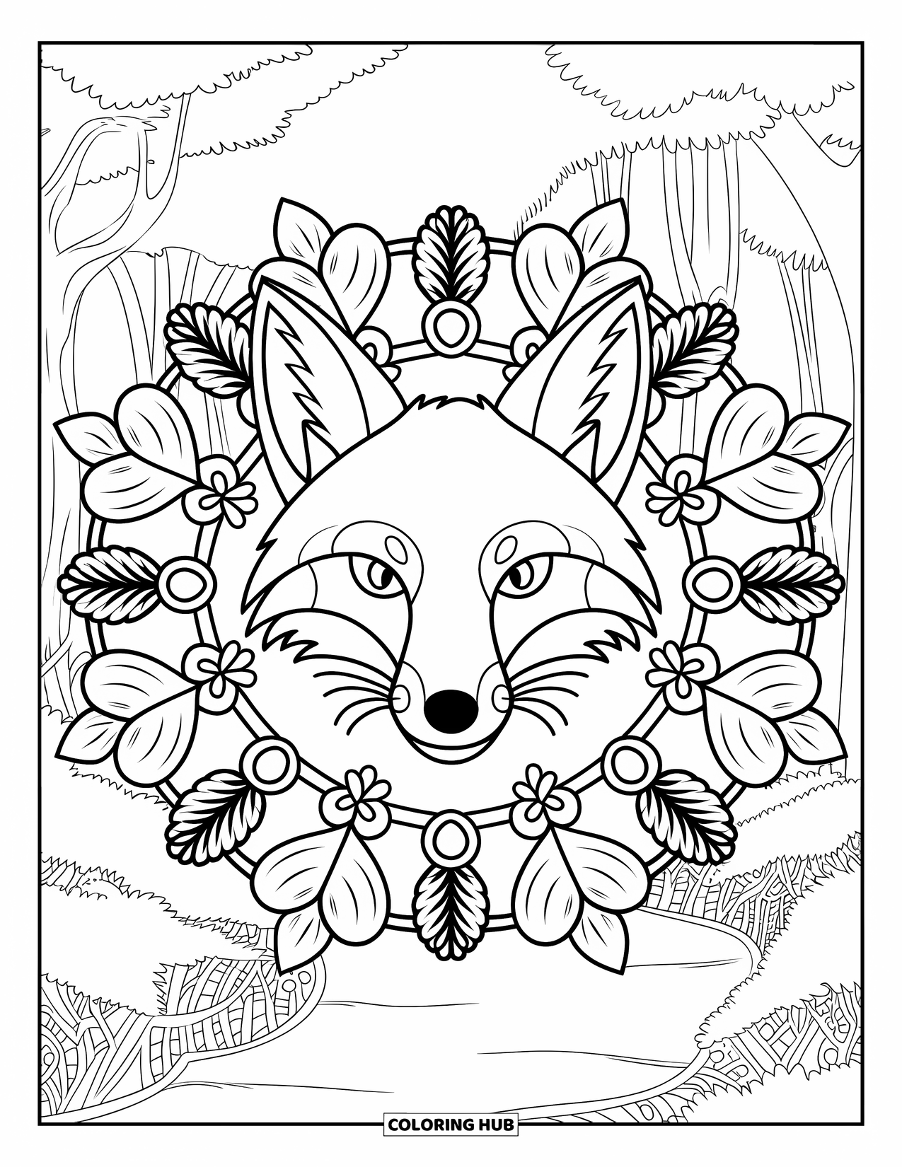 Forest Animals Coloring Page for Adults: Fox face centered in a mandala of oak leaves, vines, and pinecones