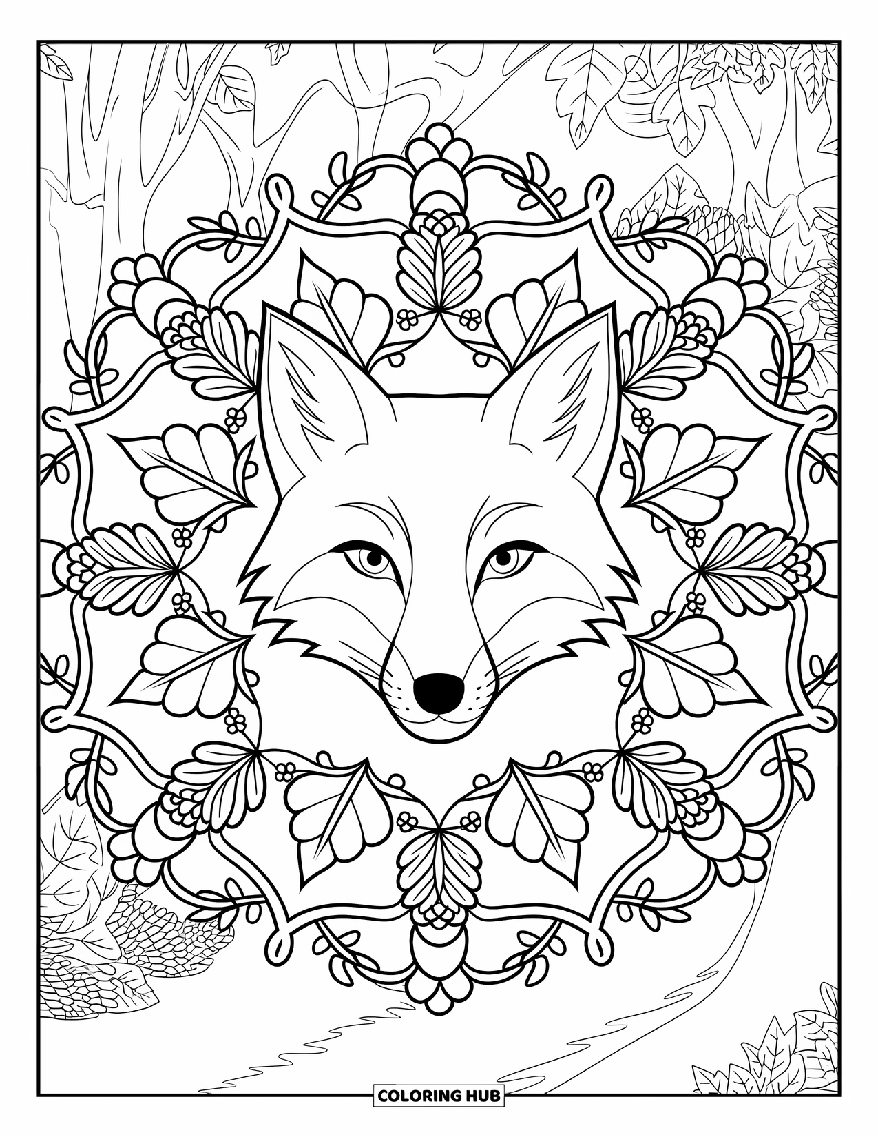 Forest Animals Coloring Page for Adults: Fox face inside a botanical mandala of vines, oak leaves, and pinecones