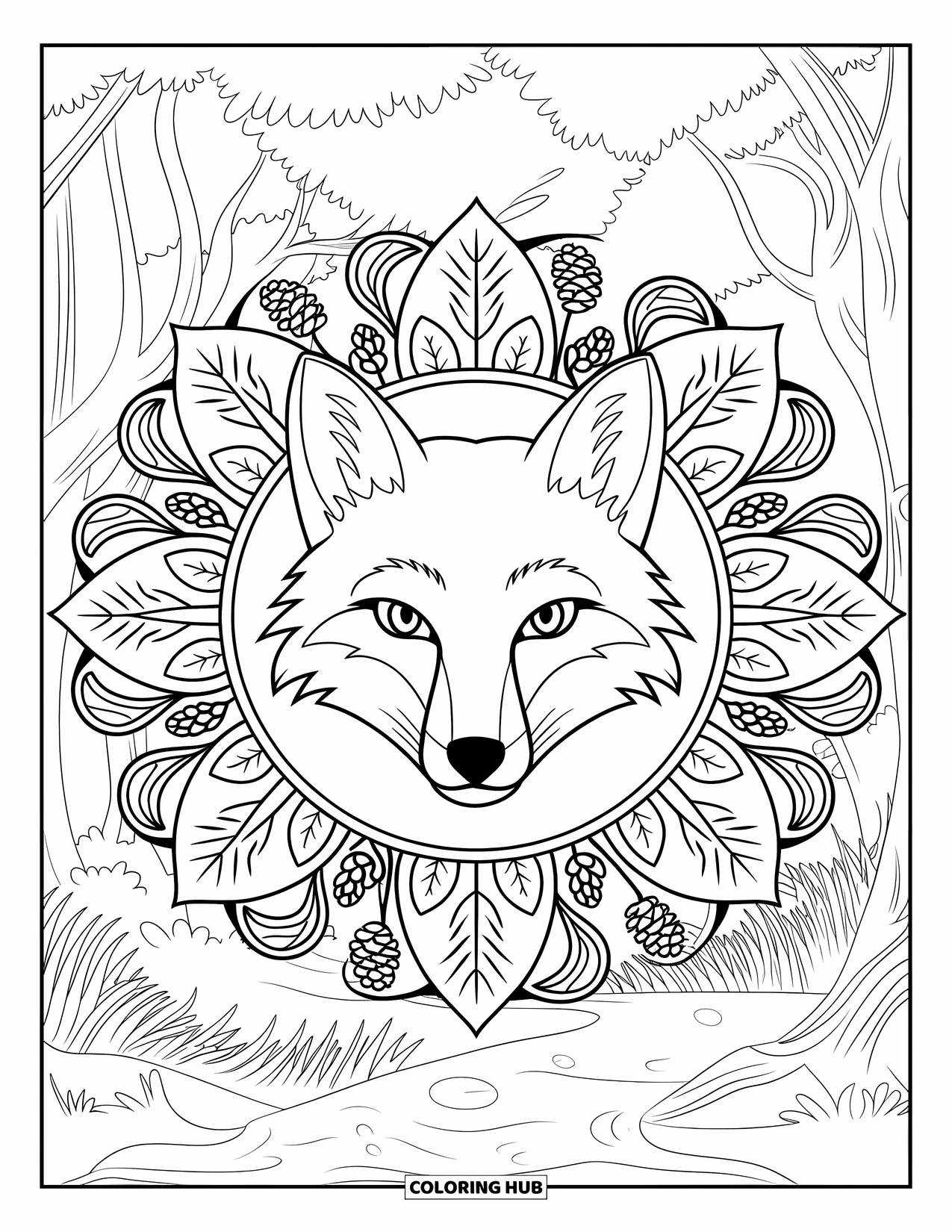 Forest Animals Coloring Page for Adults: Front-facing fox with alert eyes framed by leafy mandala details