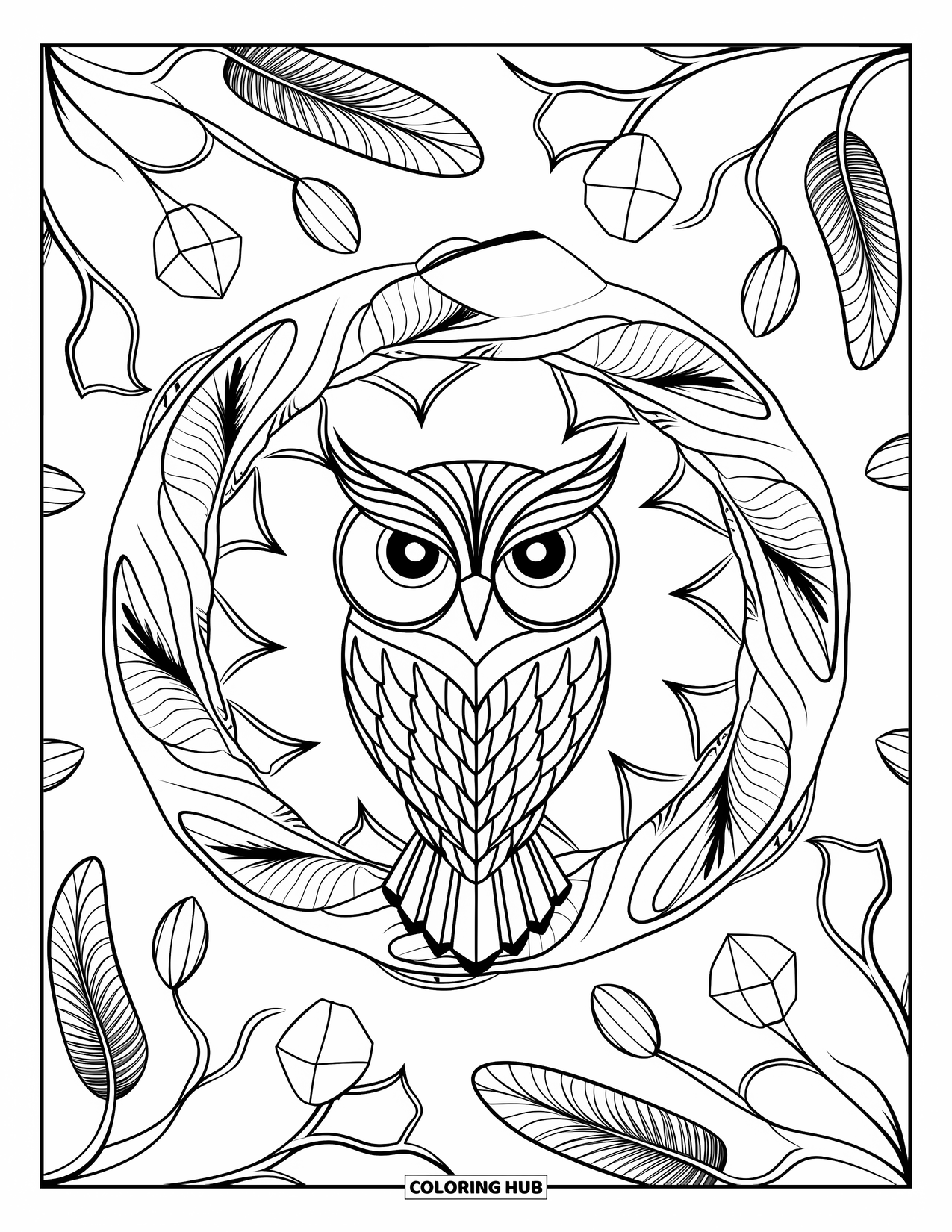 Forest Animals Coloring Page for Adults: Mandala design featuring an owl with intense gaze and forest patterns