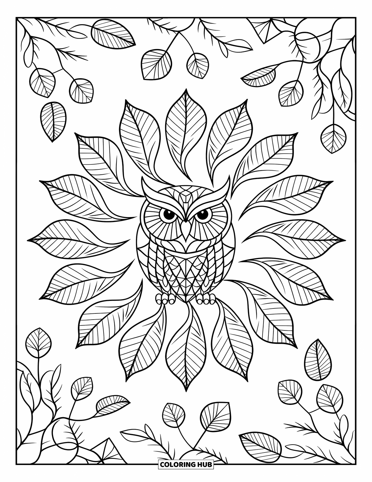 Forest Animals Coloring Page for Adults: Owl centered in a mandala of branches, feathers, and forest seeds