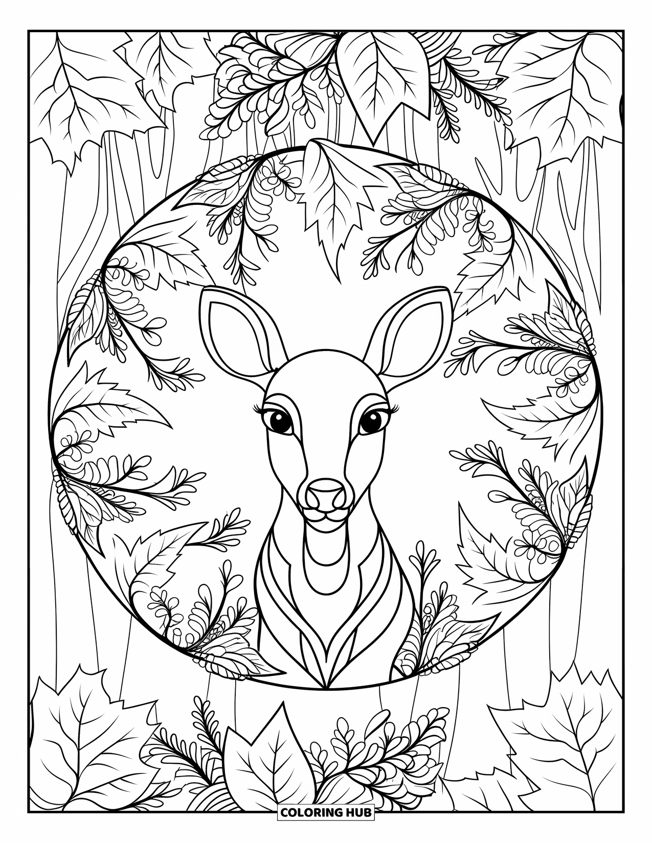 Forest Animals Coloring Page for Adults: Serene deer face inside a forest mandala of leaves and berries