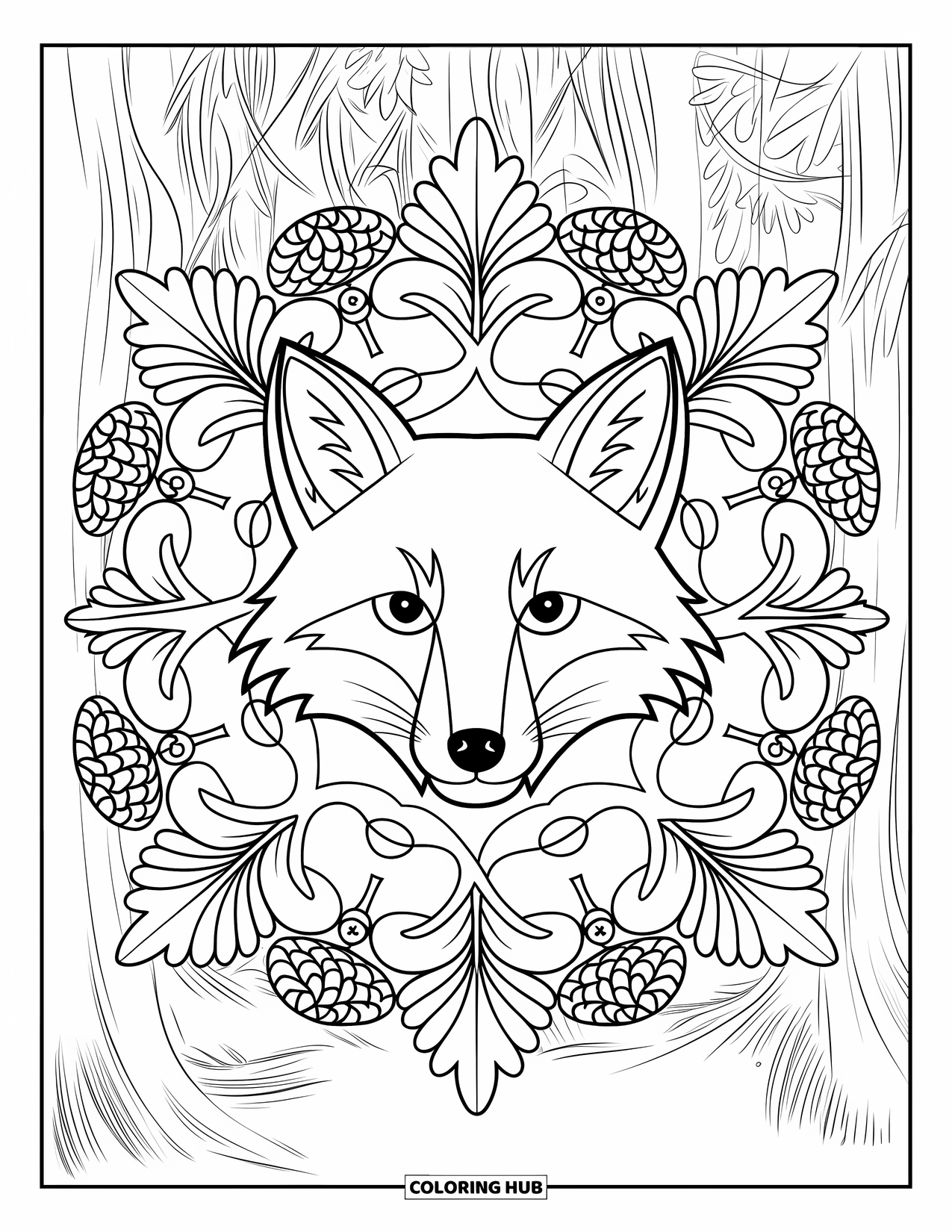 Forest Animals Coloring Page for Adults: Sharp-eyed fox framed by a mandala of forest leaves and pinecones
