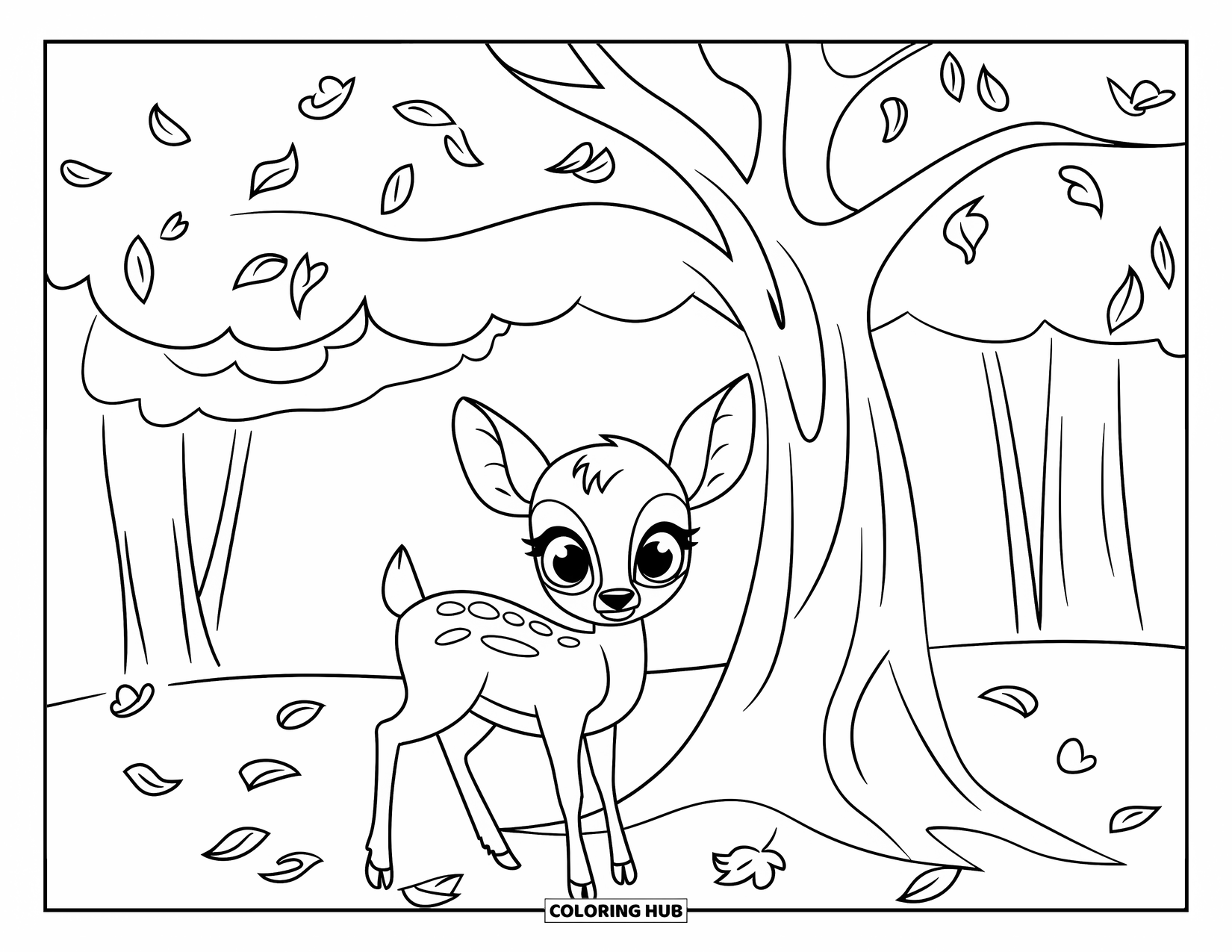 Forest Animals Coloring Page for Kids: A baby deer standing under a big tree with falling leaves