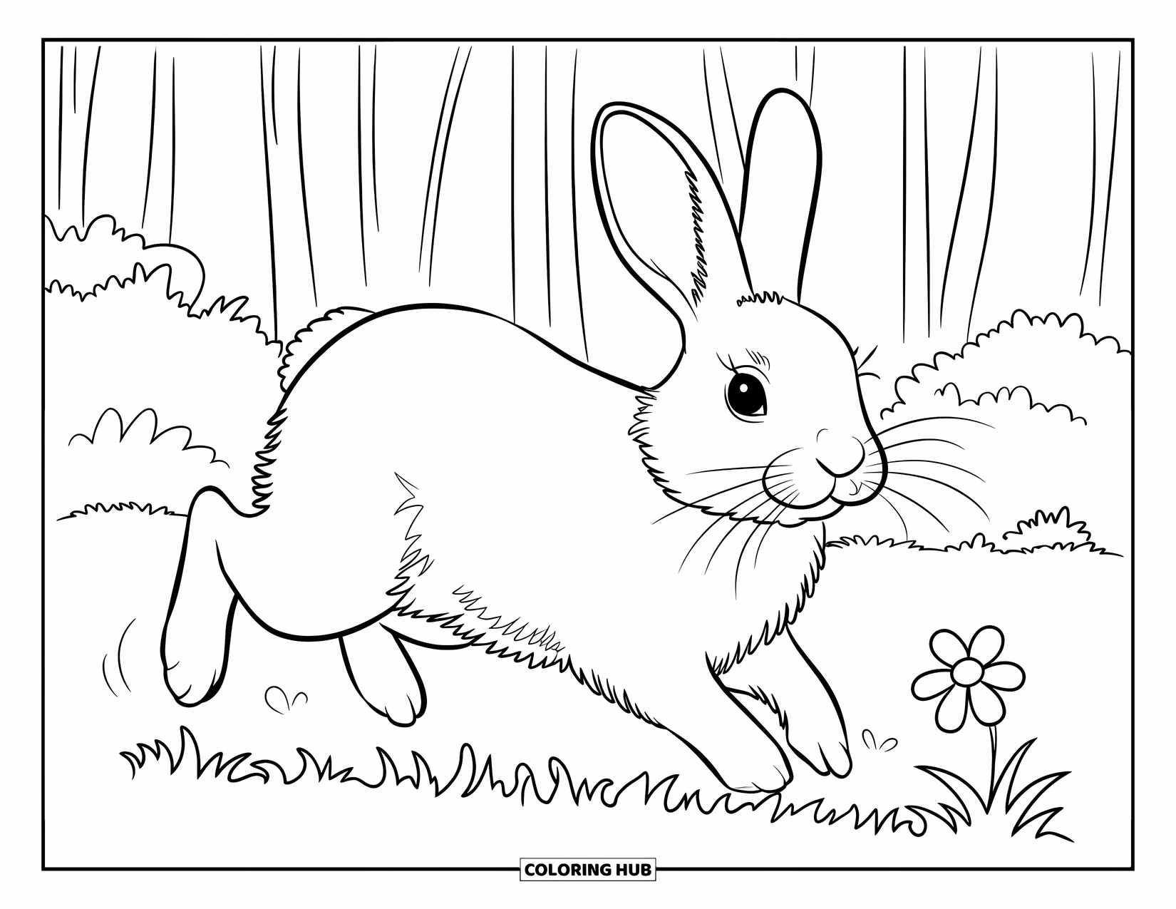 Forest Animals Coloring Page for Kids: A bunny hopping through the grass with flowers nearby