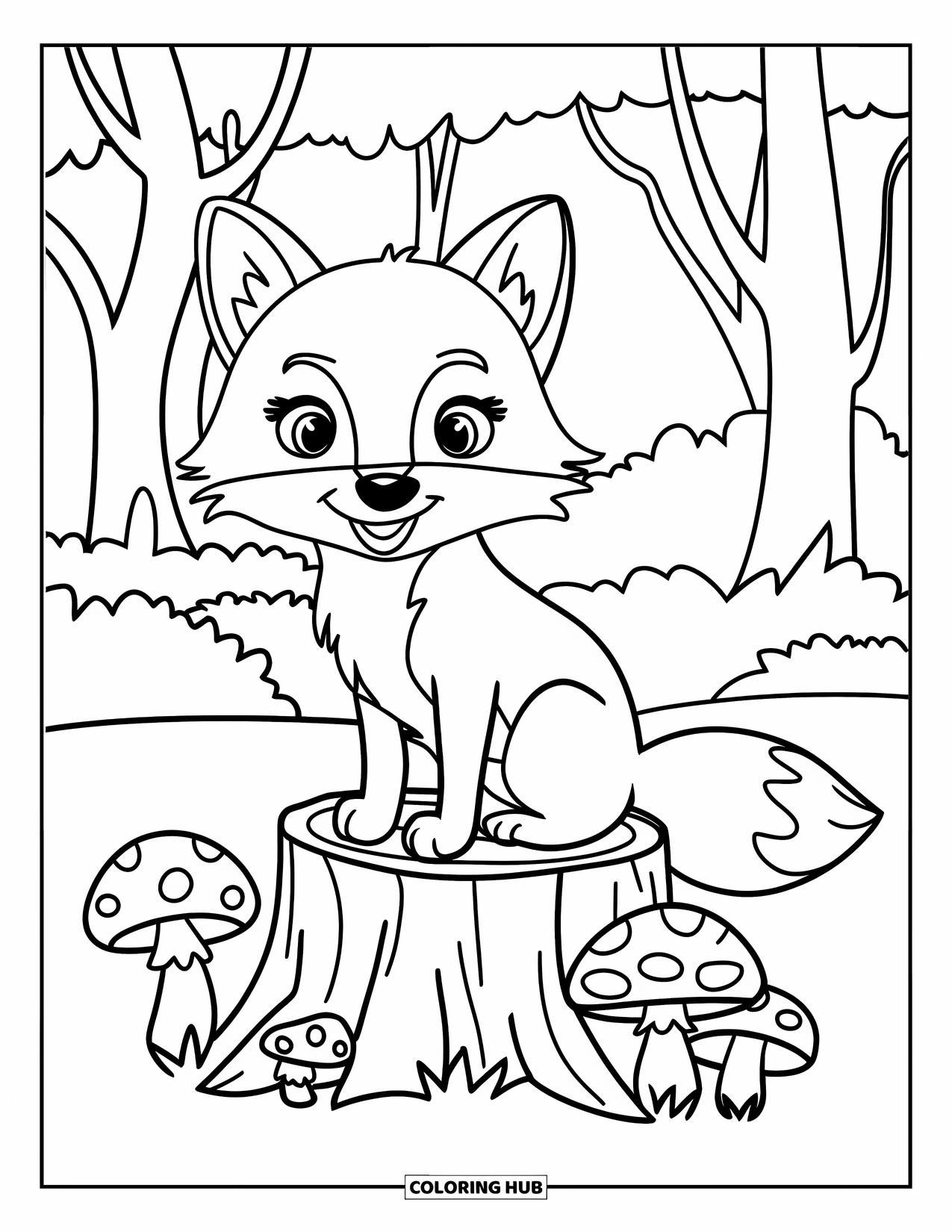 Forest Animals Coloring Page for Kids: A cheerful fox sitting beside a stump in the forest