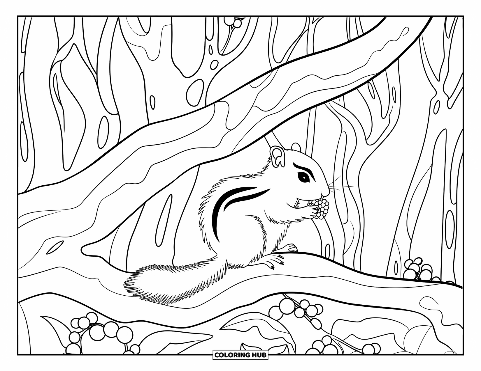 Forest Animals Coloring Page for Kids: A chipmunk munching berries under a twisted tree branch