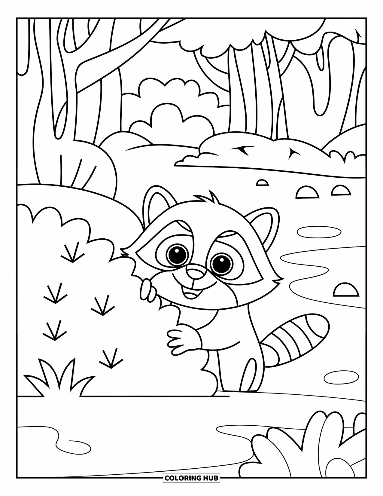 Forest Animals Coloring Page for Kids: A curious raccoon peeking out from behind a forest bush