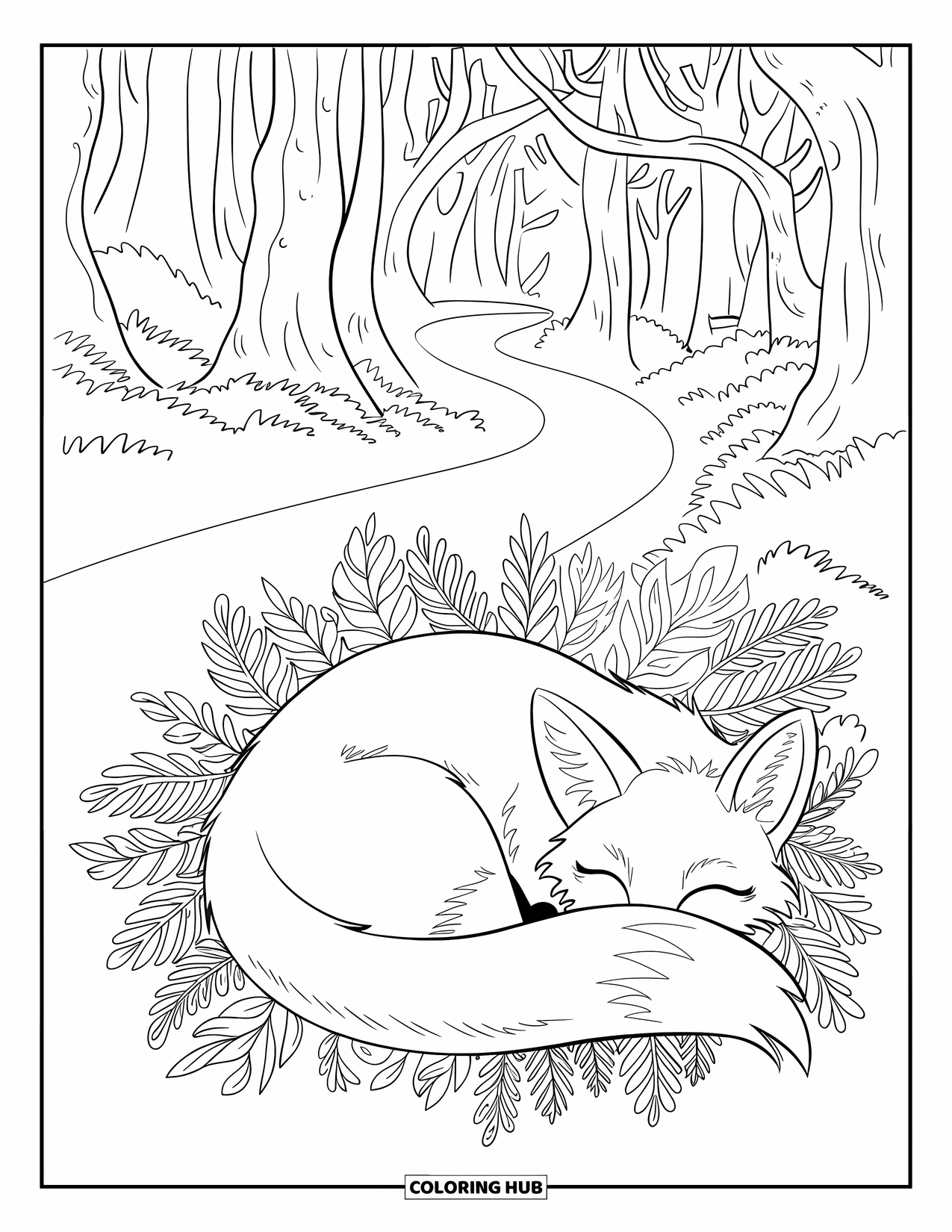 Forest Animals Coloring Page for Kids: A curled-up fox sleeping under the forest canopy