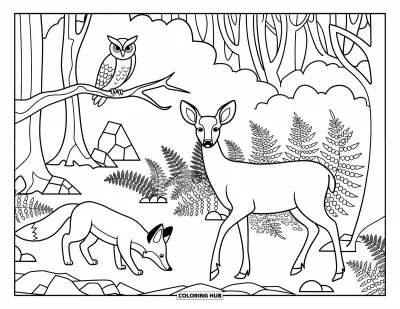 Desen de colorat cu animale din pădure pentru copii: O vulpe, o bufniță și un cerb explorează împreună o potecă de pădure