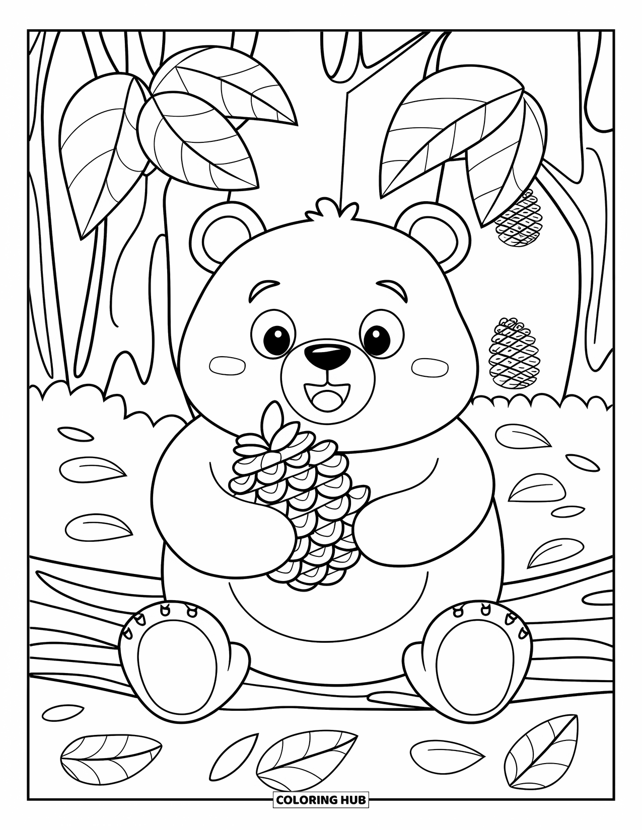 Forest Animals Coloring Page for Kids: A friendly bear holding a pinecone while sitting on a log