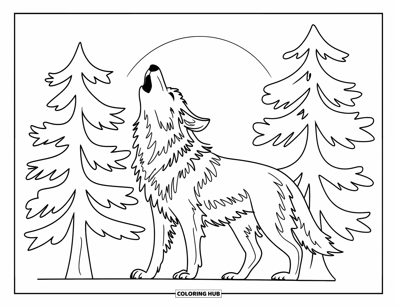 Forest Animals Coloring Page for Kids: A howling wolf with the moon glowing above the pine trees