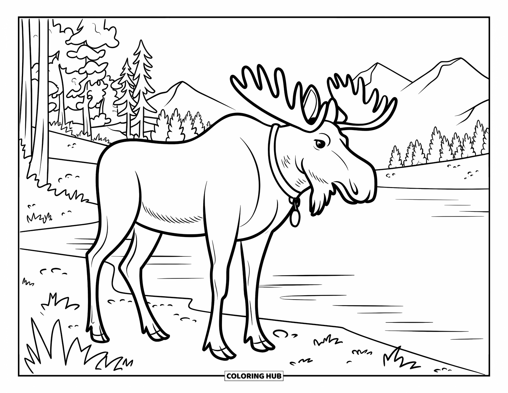 Forest Animals Coloring Page for Kids: A moose standing near a calm lake and mountain view