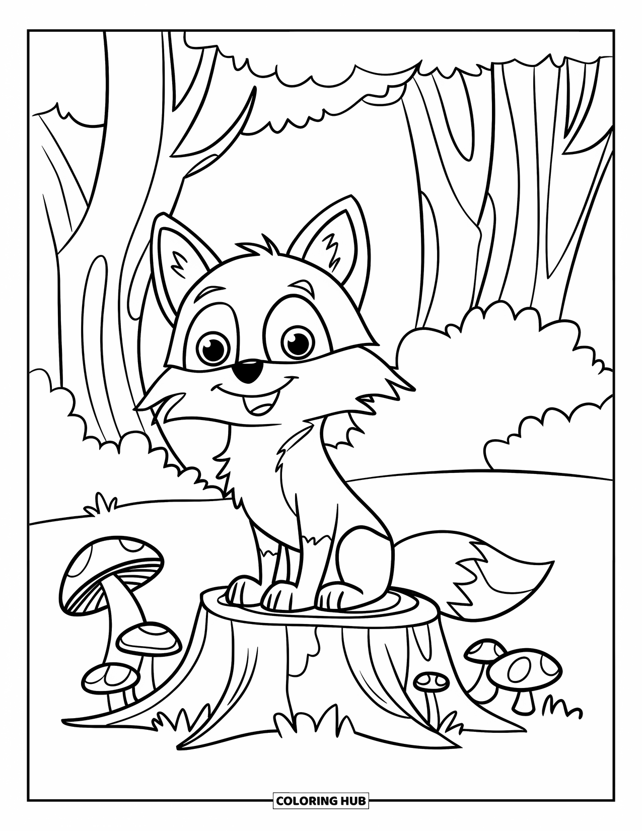 Forest Animals Coloring Page for Kids: A smiling fox sitting beside a tree stump with mushrooms