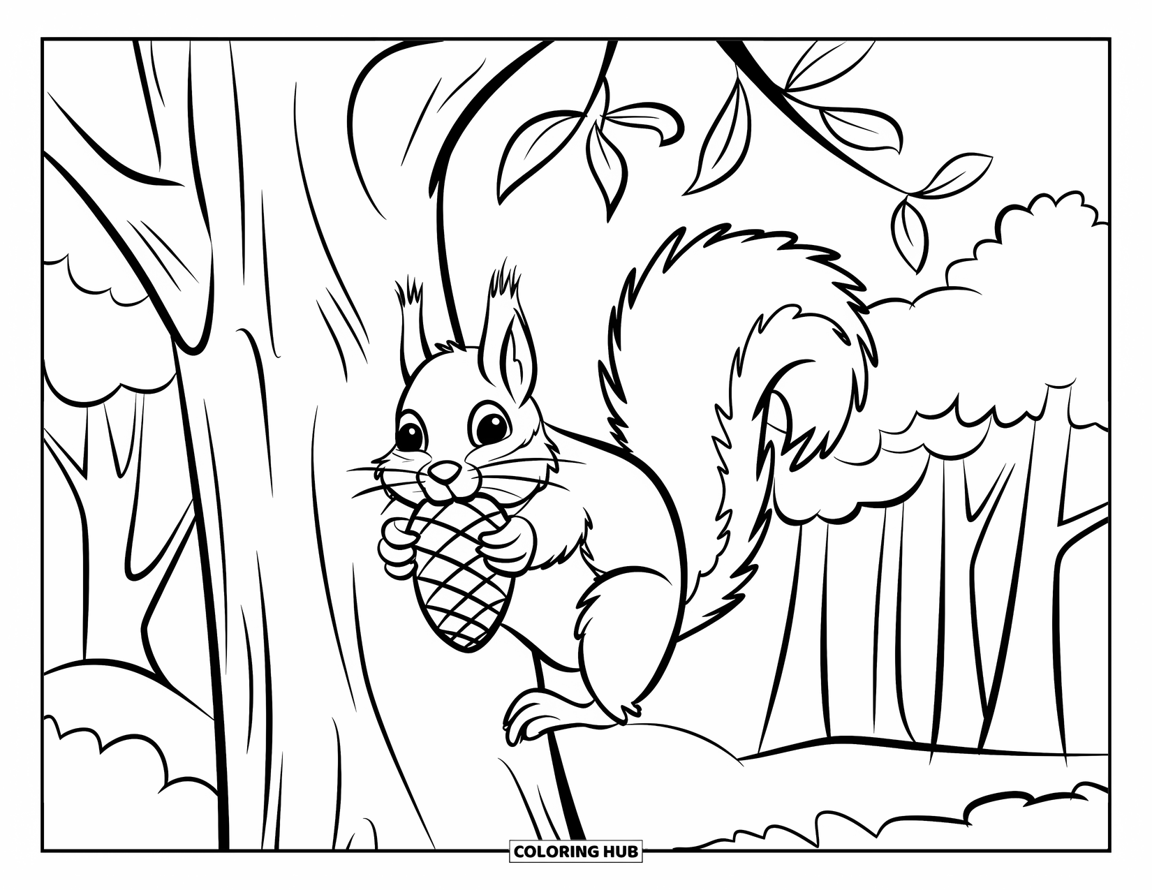 Forest Animals Coloring Page for Kids: A squirrel climbing a tree with a pinecone in its mouth