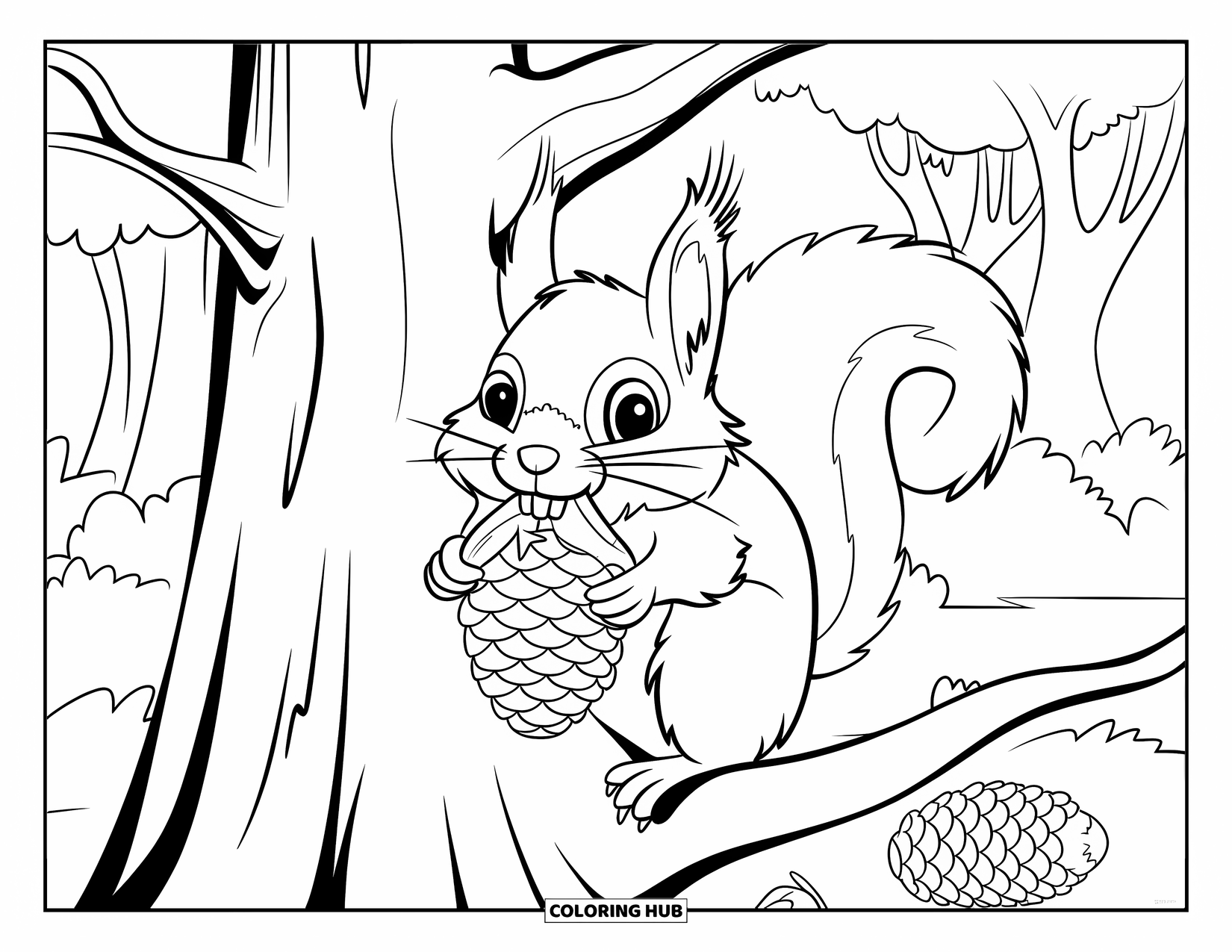 Forest Animals Coloring Page for Kids: A squirrel with a pinecone climbing a tall forest tree