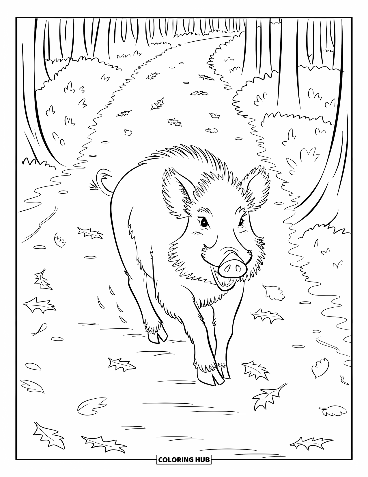 Forest Animals Coloring Page for Kids: A wild boar running quickly across a leafy forest trail