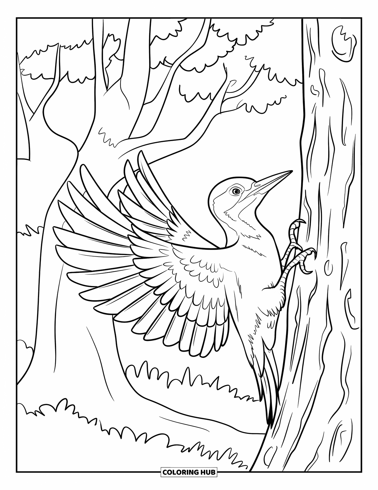 Forest Animals Coloring Page for Kids: A woodpecker mid-flight near a tall tree trunk