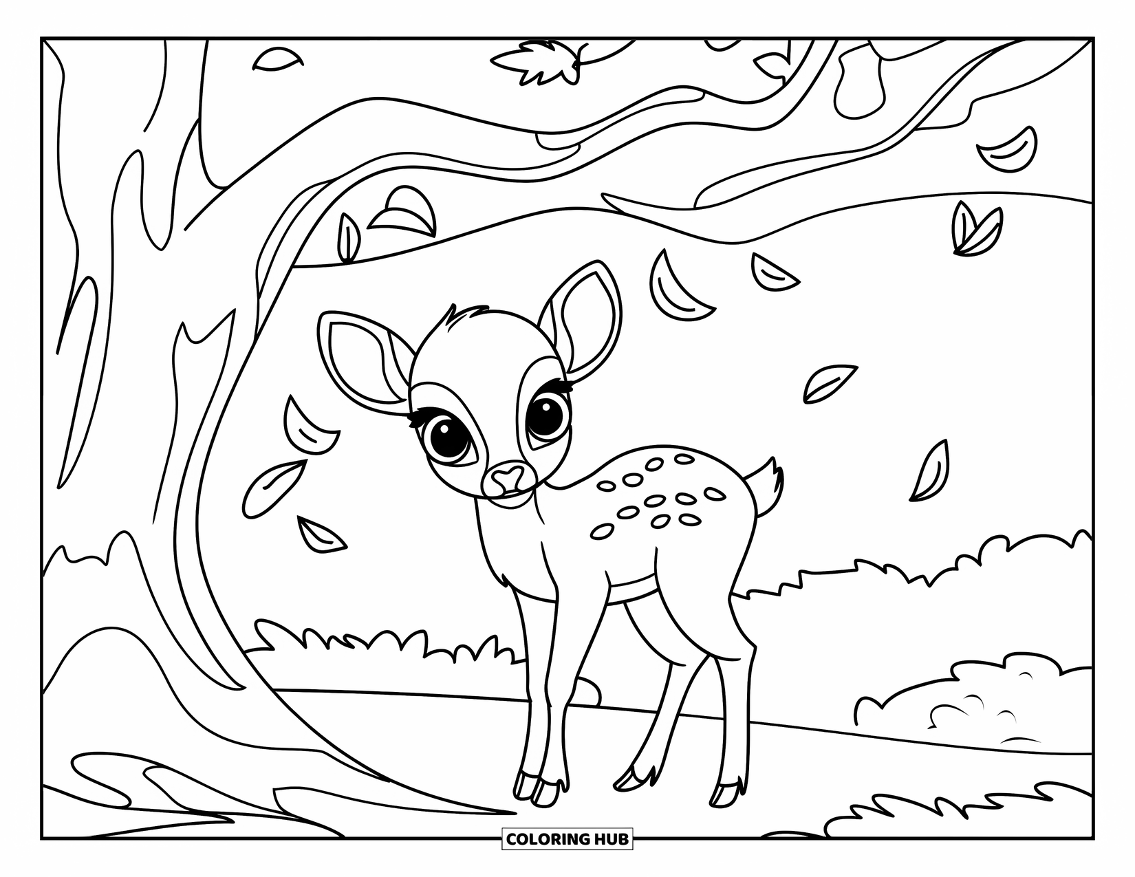 Forest Animals Coloring Page for Kids: Baby deer resting beneath a tree with leaves drifting down