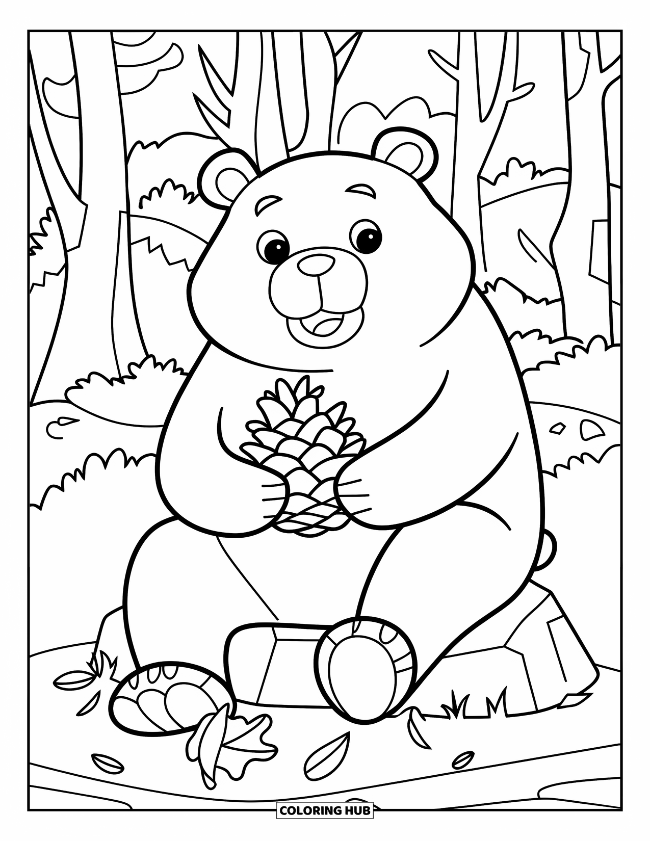 Forest Animals Coloring Page for Kids: Bear sitting with a pinecone surrounded by forest trees