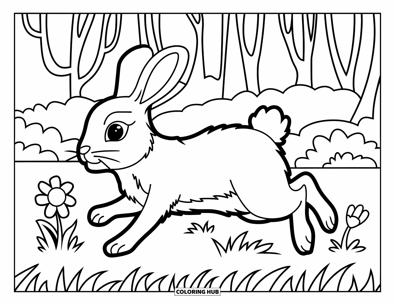Forest Animals Coloring Page for Kids: Bunny hopping happily in the forest with flowers nearby