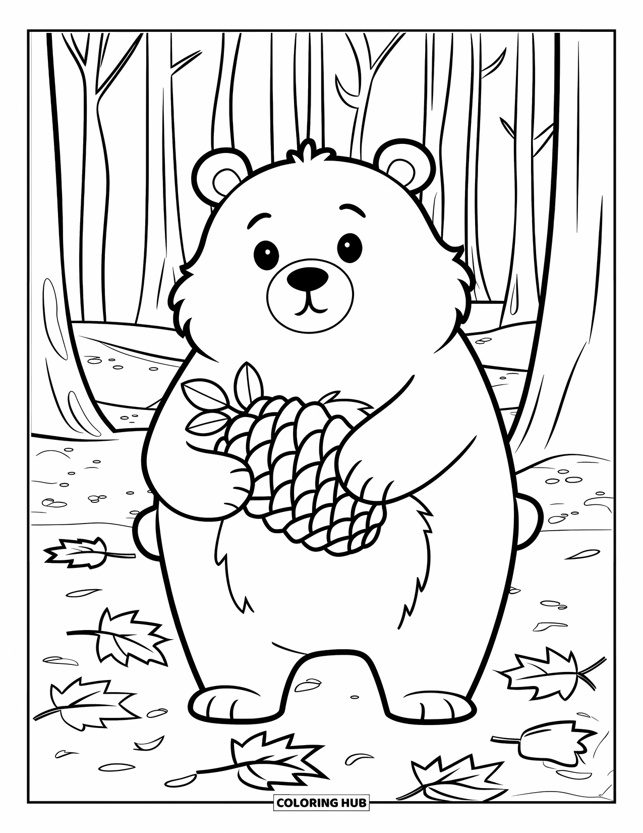 Forest Animals Coloring Page for Kids: Chubby bear with a pinecone resting on a leafy forest floor