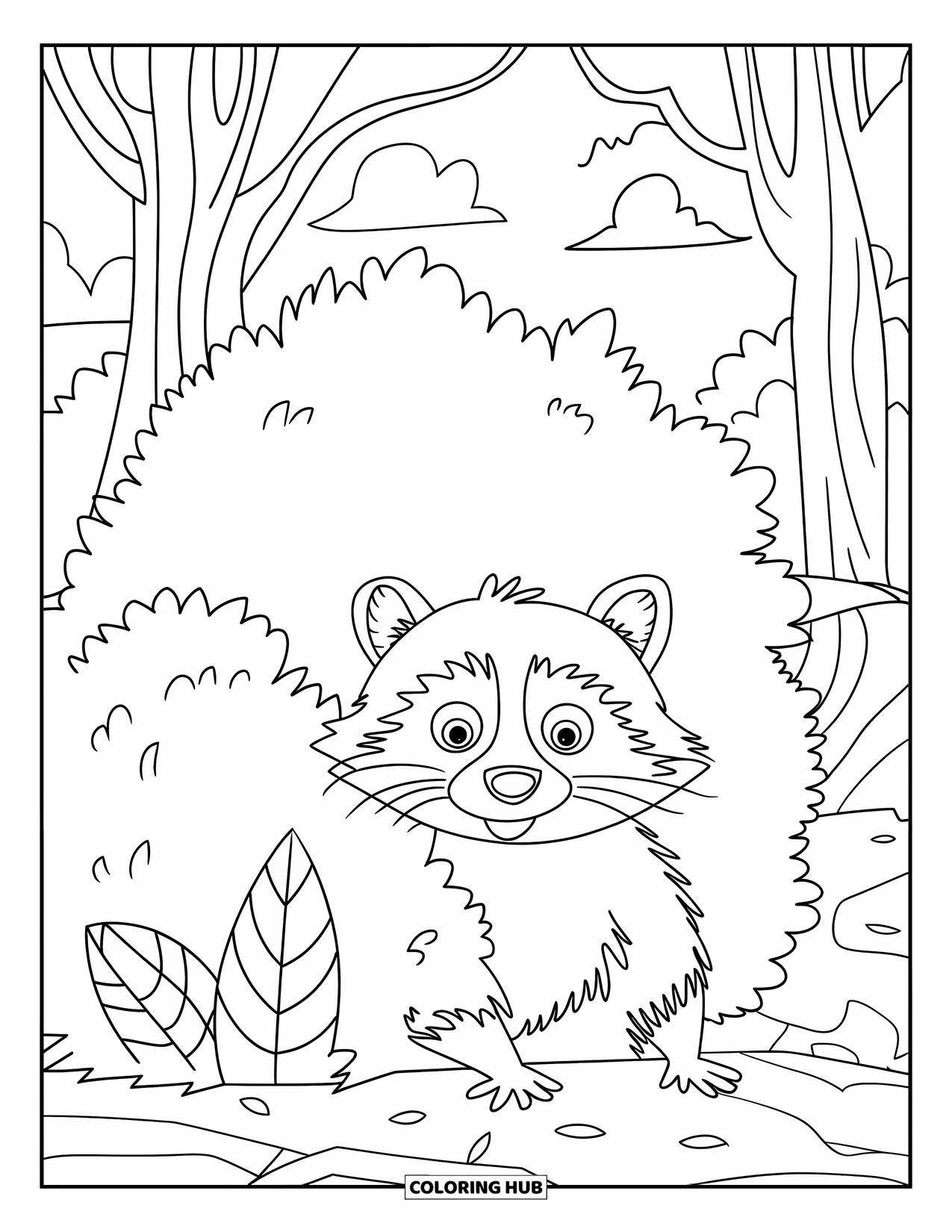 Forest Animals Coloring Page for Kids: Curious raccoon peeking out from leafy bushes in the forest