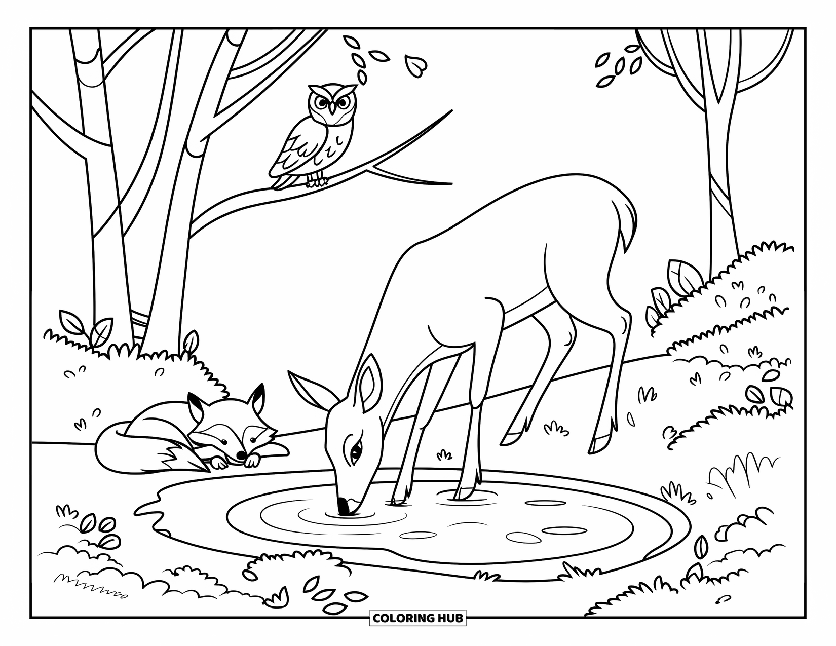 Forest Animals Coloring Page for Kids: Deer drinking at a pond while a fox rests and an owl watches