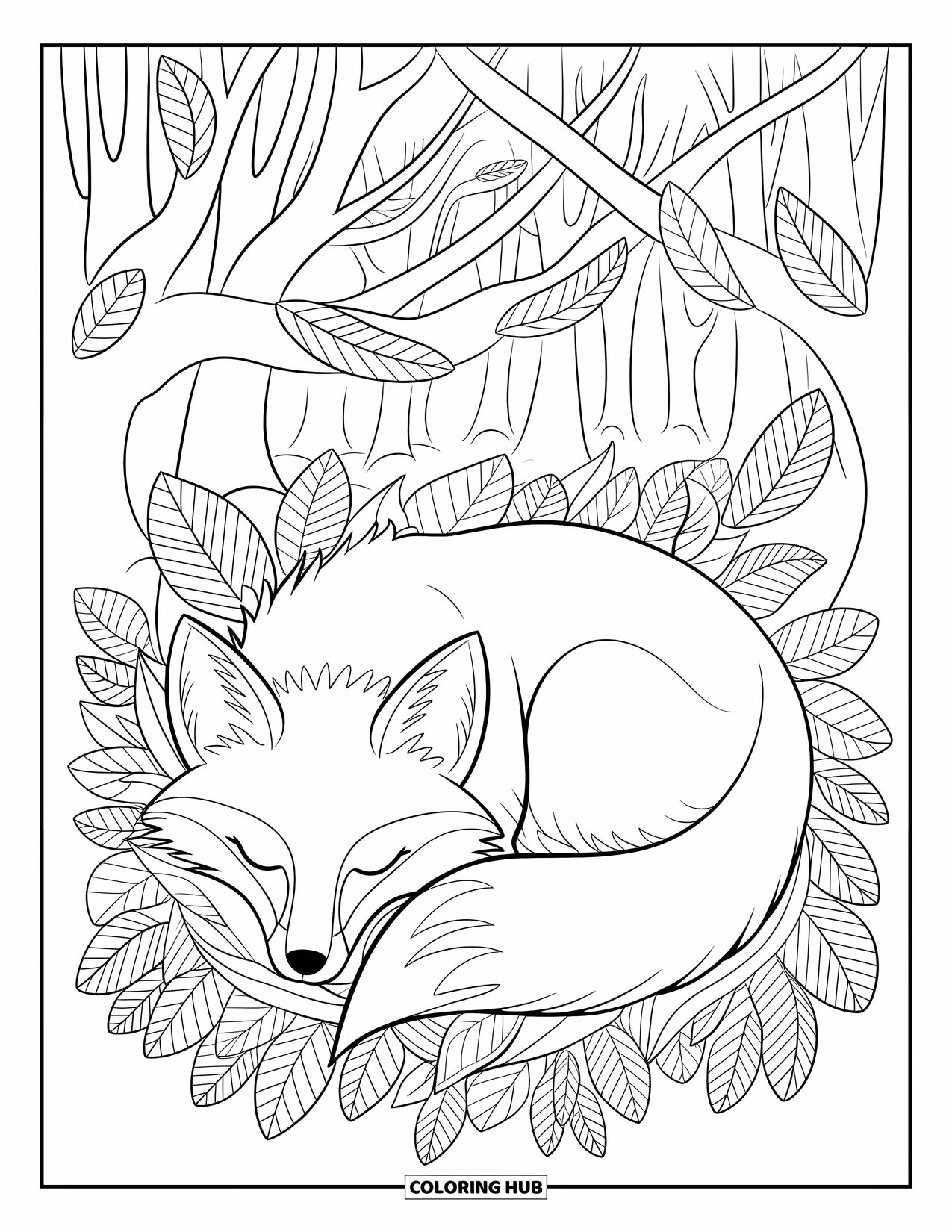 Forest Animals Coloring Page for Kids: Fox resting on leaves beneath tall trees in the forest