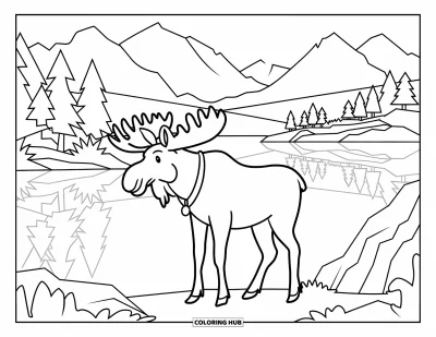 Desen de colorat cu animale din pădure pentru copii: Elan lângă un lac ce reflectă munți și copaci de pădure