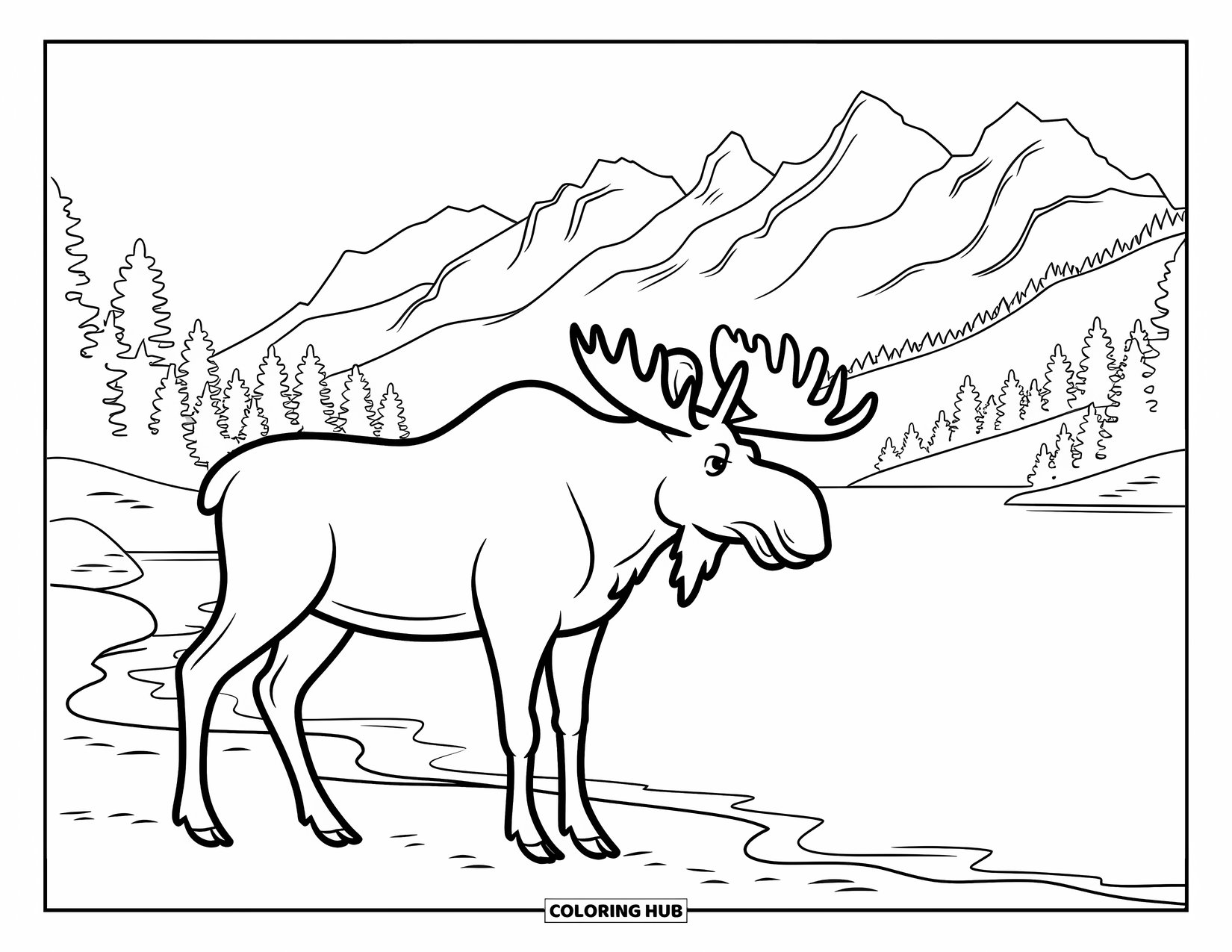 Forest Animals Coloring Page for Kids: Moose resting by a quiet lake surrounded by mountains and trees
