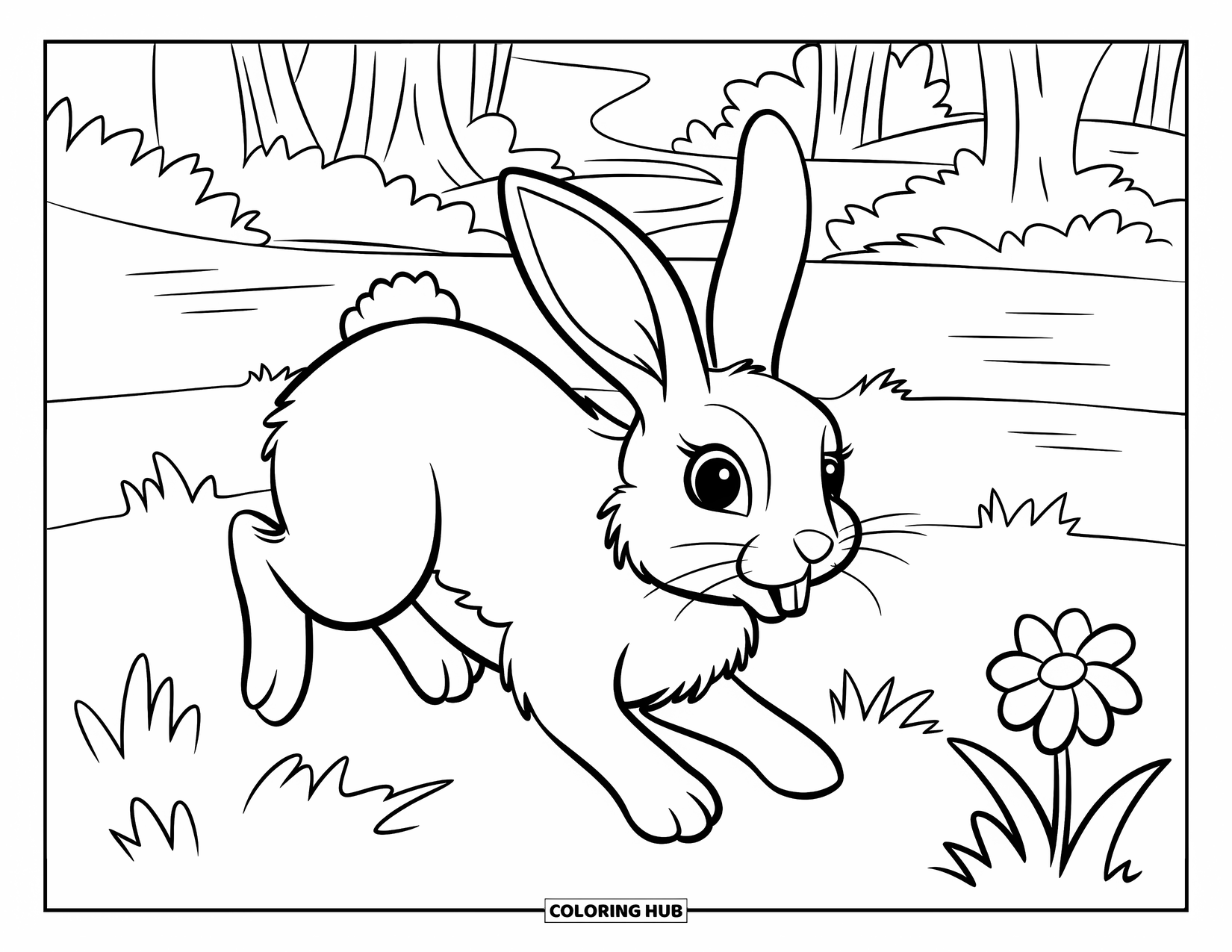 Forest Animals Coloring Page for Kids: Playful bunny hopping across grass with forest flowers