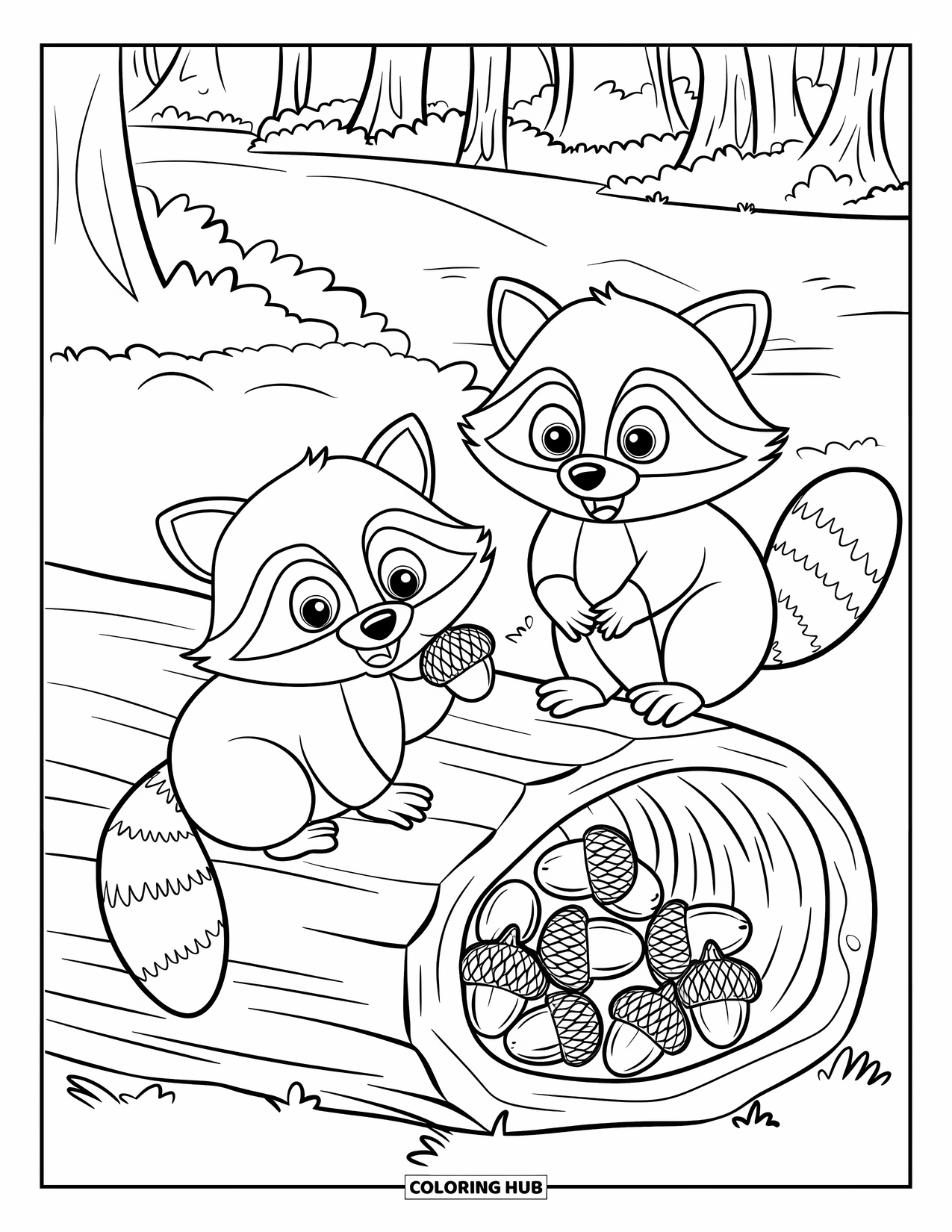Forest Animals Coloring Page for Kids: Playful raccoons sitting on a log surrounded by acorns