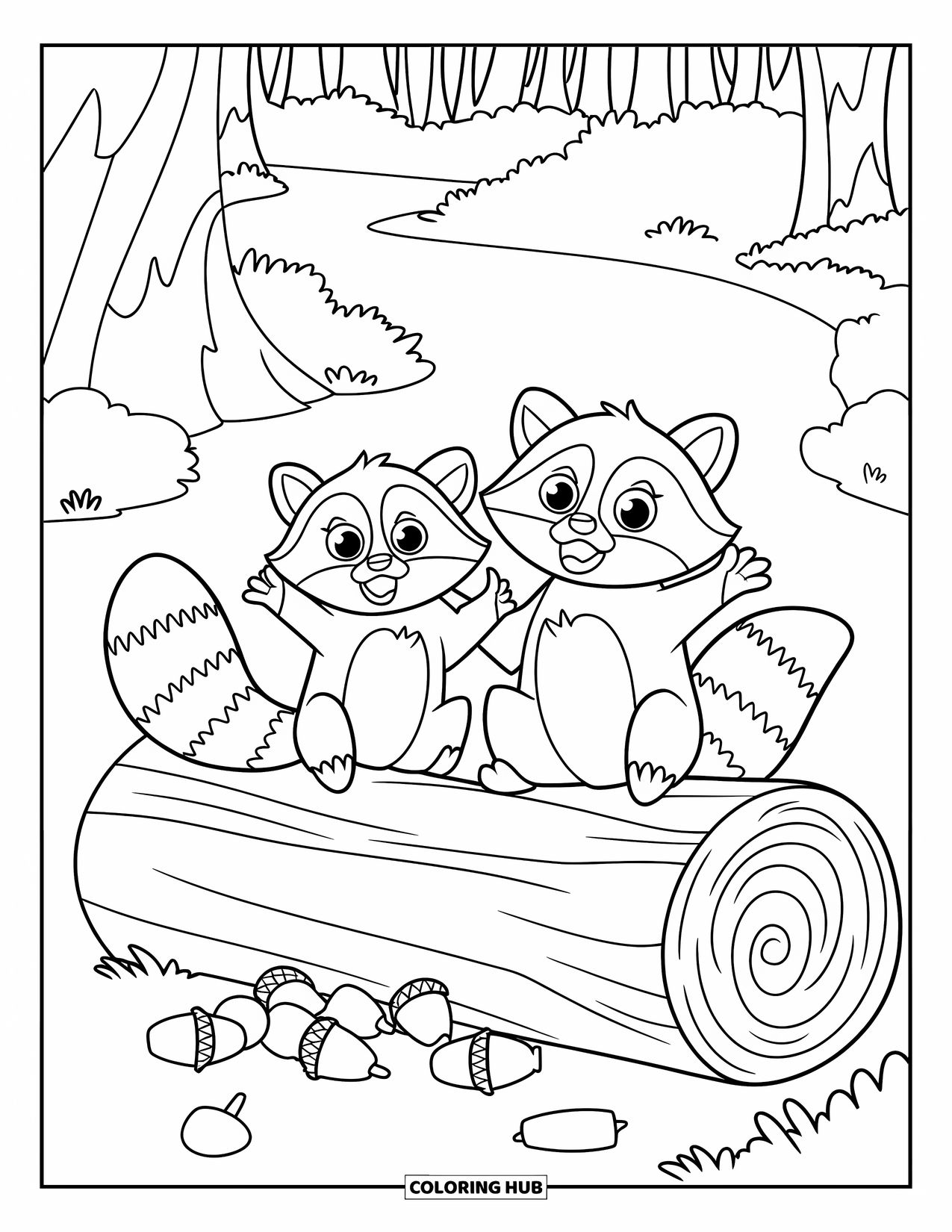 Forest Animals Coloring Page for Kids: Raccoons playing with acorns near a hollow forest log