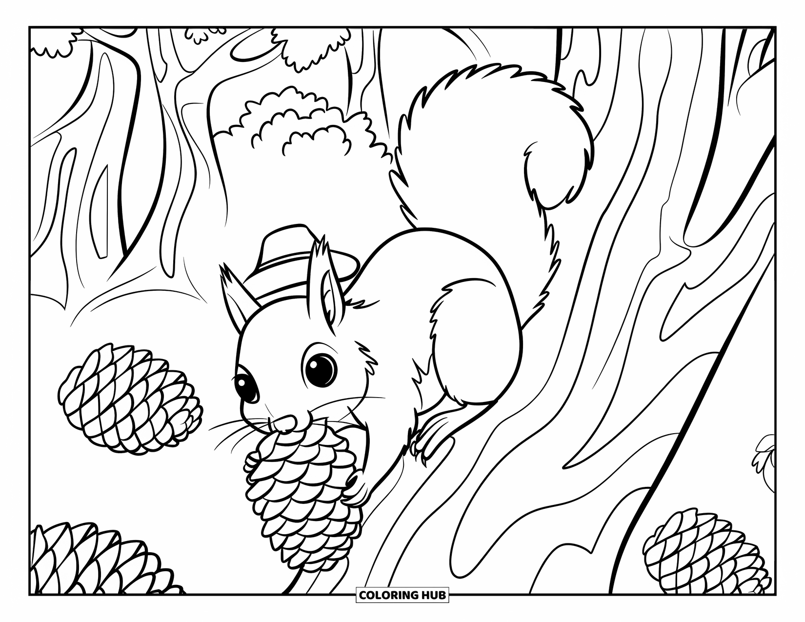 Forest Animals Coloring Page for Kids: Squirrel carrying a pinecone while climbing up a tree