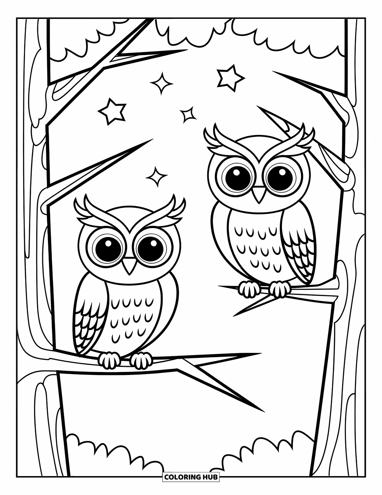 Forest Animals Coloring Page for Kids: Two owls resting on branches beneath a starry sky