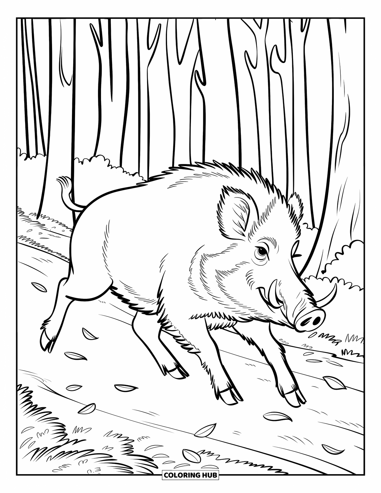 Forest Animals Coloring Page for Kids: Wild boar dashing through a forest with scattered leaves