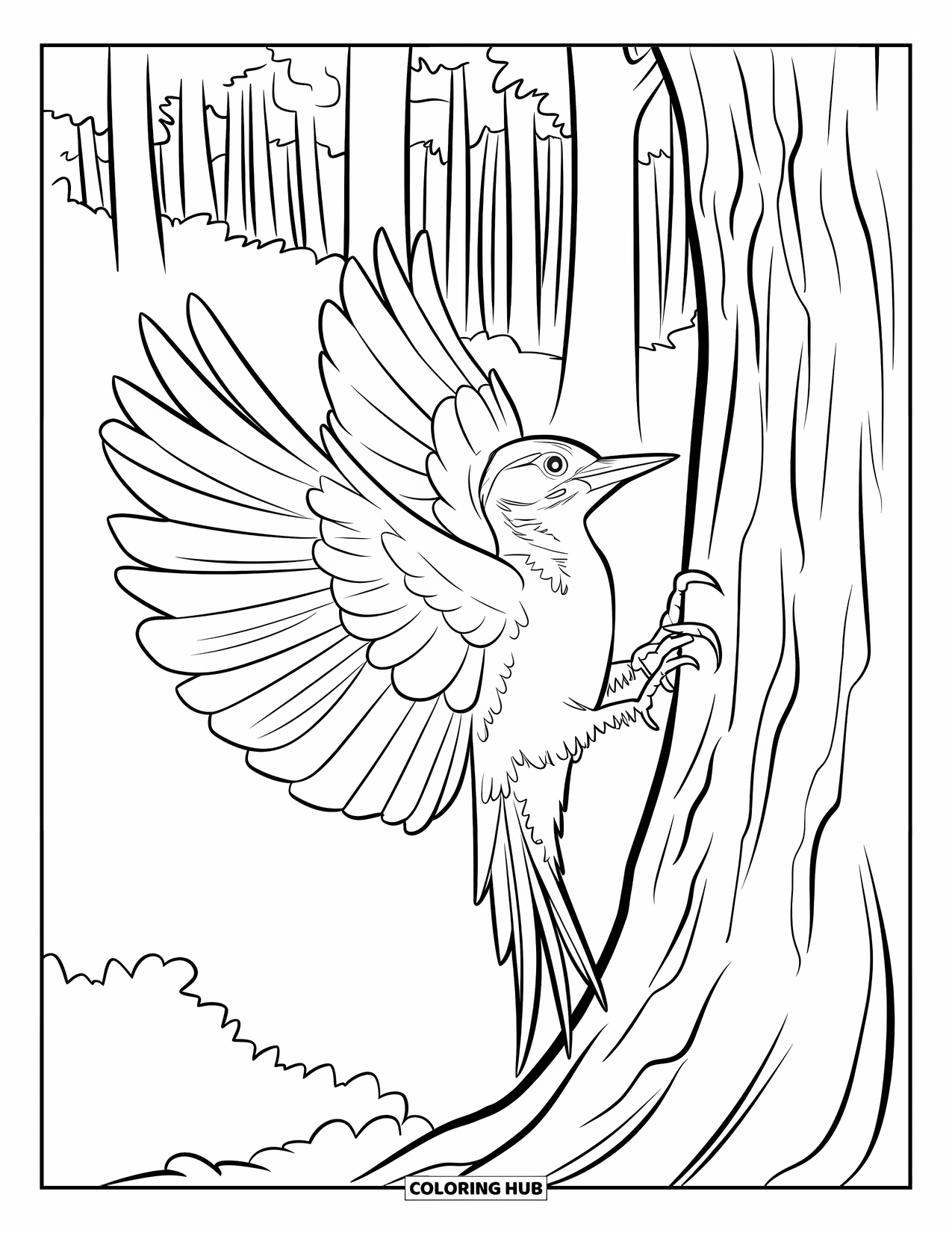 Forest Animals Coloring Page for Kids: Woodpecker flying near a bark-textured trunk in the forest