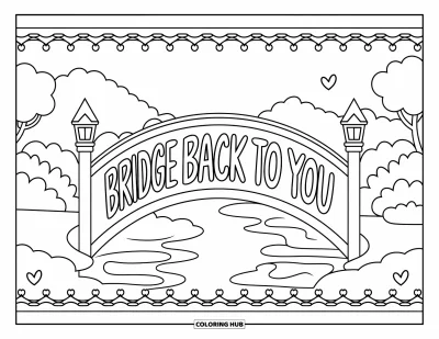 Coloriage du pardon pour adultes : Pont avec l'inscription « Bridge Back to You », flanqué de buissons, d'arbres et de lanternes