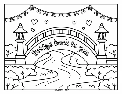 Coloriage du pardon pour adultes : Pont avec la rambarde « Bridge Back to You » au-dessus d'un ruisseau paisible et des réverbères