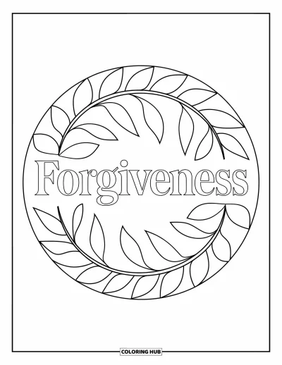 Coloriage du pardon pour adultes : Mandala circulaire de feuilles avec le texte « Forgiveness »