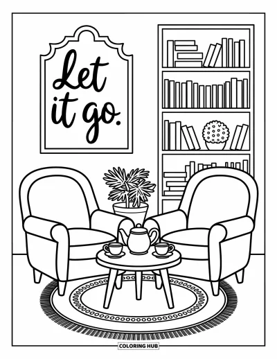 Coloriage du pardon pour adultes : Scène avec un fauteuil confortable, une enseigne « Let It Go », une table à théière et une petite bibliothèque