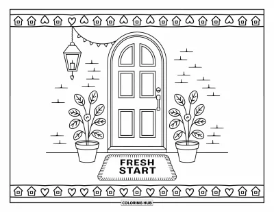Coloriage du pardon pour adultes : Porte d'entrée accueillante avec le paillasson « Fresh Start », des plantes en pots et une lanterne au-dessus