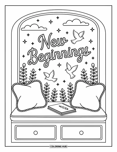 Coloriage du pardon pour adultes : Coin-fenêtre douillet avec « New Beginnings » dans des nuages et deux colombes en vol